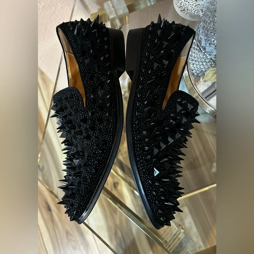 Black with Red Bottom Soles Spiked Studded Rivets Slip On Dress Shoes/Loafers 41 - Picture 11 of 16